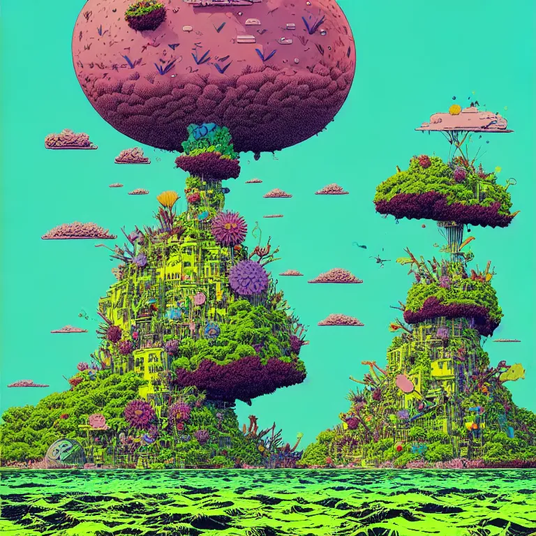 Image similar to island sea cloud surreal art by geof darrow, by jason naylor, very coherent, sharp, colorful high contrast, dark shadows, hard lighting, floralpunk flower green plants garden, inking etching screen print, hd, 8 k hyper detailed, octane render