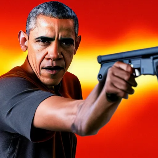 Image similar to angry barack obama shooting and terrorizing people in the hood, 8k resolution, full HD, cinematic lighting, award winning, anatomically correct