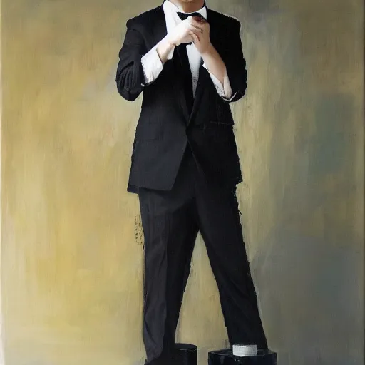 Image similar to portrait of a beautiful korean girl wearing a men's tuxedo, with long hair and bangs, angular features, angry expression, oil on canvas, elegant pose, masterpiece, Jonathan Yeo painting