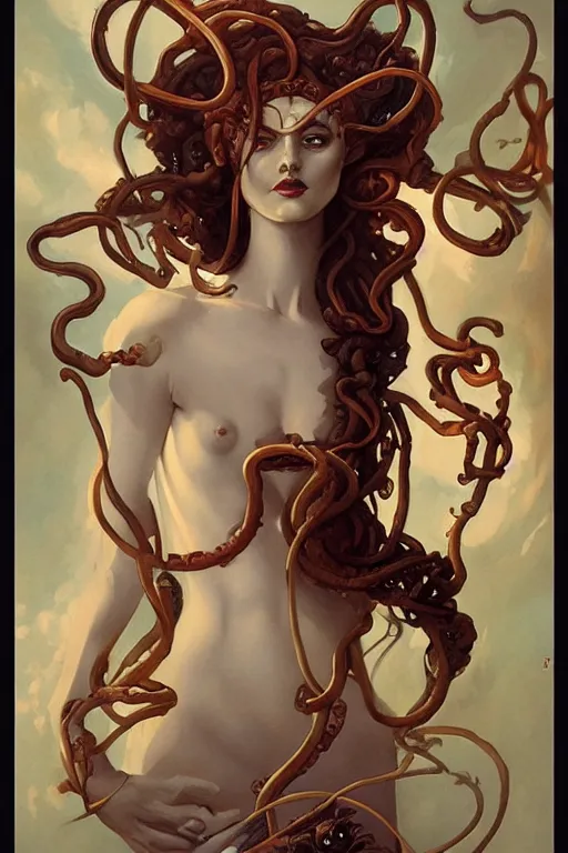 Prompt: Medusa by Peter Mohrbacher in the style of Gaston Bussière, Art Nouveau