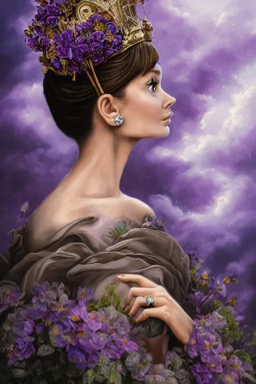 Image similar to closeup portrait fine art photo of the beauty audrey hepburn, she has a crown of stunning flowers and dress of purple satin and gemstones, background full of stormy clouds, by peter mohrbacher