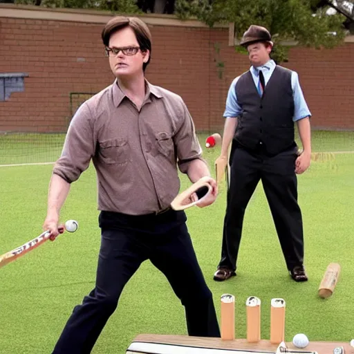 Image similar to dwight schrute playing rickety - cricket on always sunny