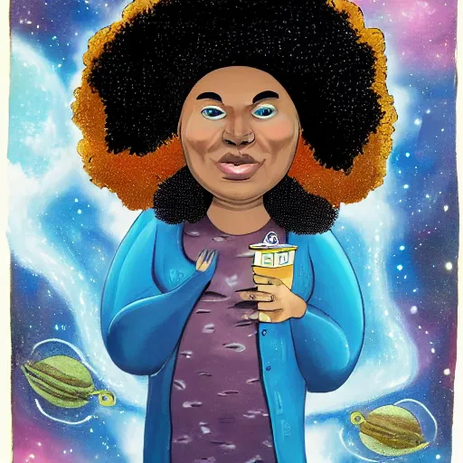 Image similar to mixed fat woman with an afro in space