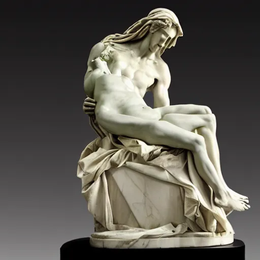 Image similar to a well-lit detailed studio photo of a marble sculpture of the pieta by Antonio Canova