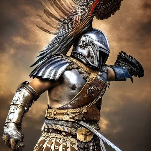 Image similar to warrior with eagle armour, highly detailed, 4k, HDR, smooth, sharp focus, hyper realistic, high resolution