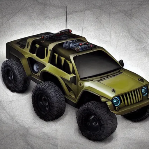 Prompt: concept art jeep inspired by halo warthog.