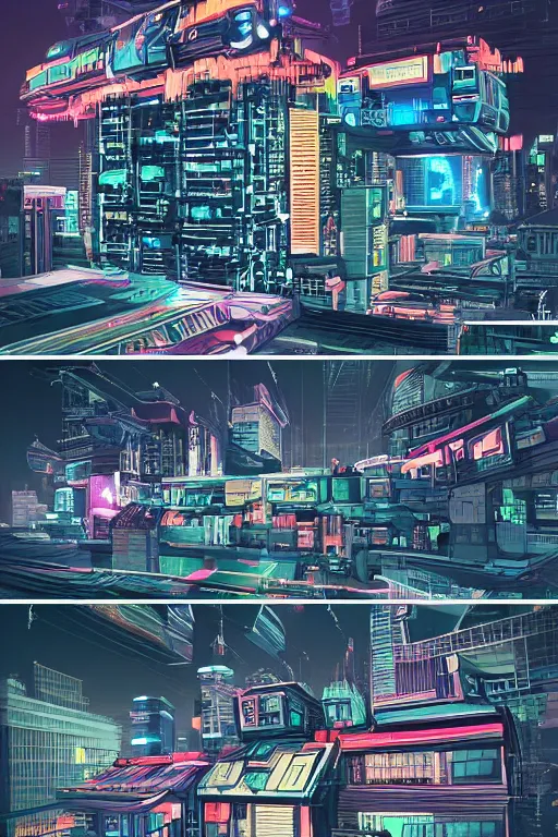 Image similar to cyberpunk buildings with a flight vehicle glowing in the sky, neon sign, bottom view ， bladerunner, pixiv