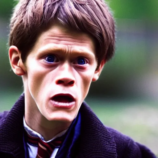 Image similar to Film Still of a Young Willem Dafoe playing a character in Harry Potter, Film Still, realistic, hyperrealistic, very realistic, very very realistic, highly detailed, very detailed, extremely detailed, detailed, detailed face, very detailed face, very detailed face, realism, HD Quality, 8k resolution, intricate details, body and head in frame, Real Life
