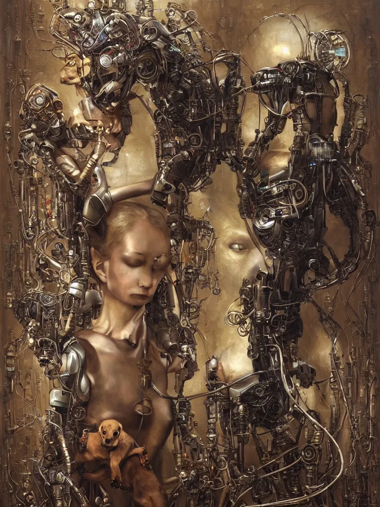 Prompt: portrait of a beautiful female android robot holding a whippet dog in her arms. Biopunk, steampunk, mecha, sighthounds, painting by James C. Christensen, by Tomasz Alen Kopera