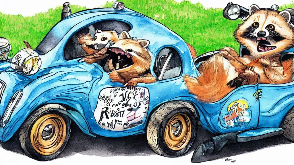 Image similar to cute and funny, racoon riding in a tiny hot rod coupe with oversized engine, ratfink style by ed roth, centered award winning watercolor pen illustration, by chihiro iwasaki, edited by range murata