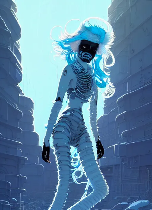 Image similar to highly detailed portrait of wasteland punk long curly white icey shard hair tribal lady, stray wiring by atey ghailan, james gilleard, by joe fenton, by greg rutkowski, by greg tocchini, by kaethe butcher, 4 k resolution, gradient blue, cyan, black and white color scheme!!! ( ( snowy glaciated robotic dystopian city background ) )