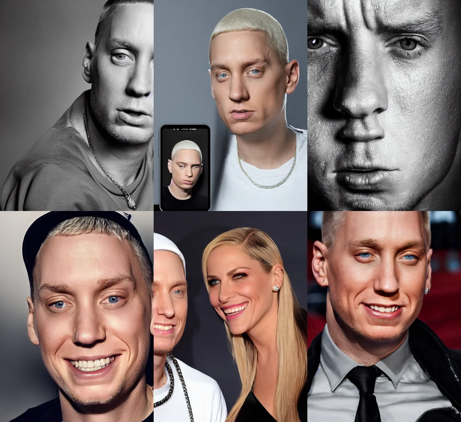 Prompt: Eminem is looking at you and smiling, a big scary smile from Eminem, close up portrait, professional photography CANON, dramatic lighting enhancing all the details from Berlusconi\'s face