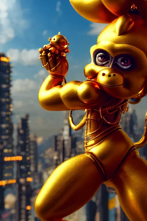 Image similar to high quality 3 d render cute cyborg hanuman! with gold nose piercings, highly detailed, cyberpunk mumbai in the background, unreal engine cinematic smooth, in the style of solaris & detective pikachu, hannah yata charlie immer, moody light, low angle, uhd 8 k, sharp focus