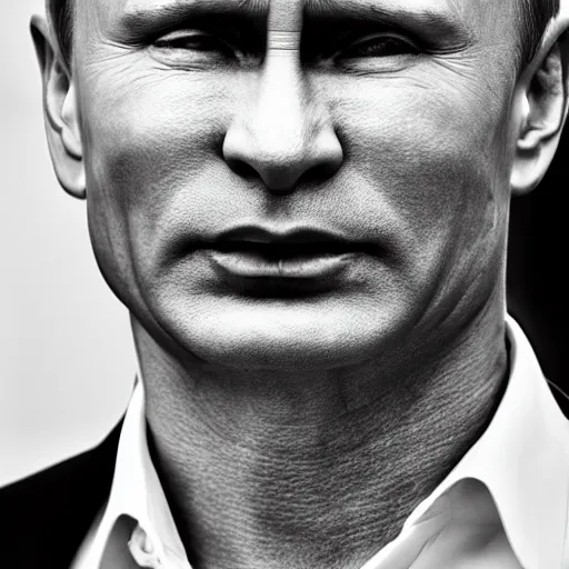 Image similar to vladimir putin sigma male, megachad, grindset, muscular, black and white image, powerful jaw, smiling, 8 k, professional portrait photography