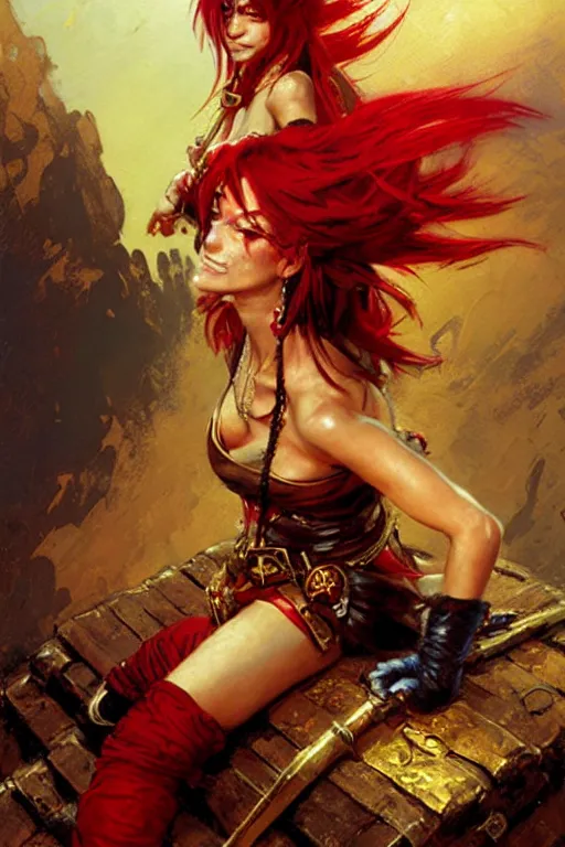 Prompt: female pirate captain in a red pirate outfit with a red pirate hair lying on a pile of gold coins anime portrait dnd, painting by gaston bussiere, craig mullins, greg rutkowski, yoji shinkawa