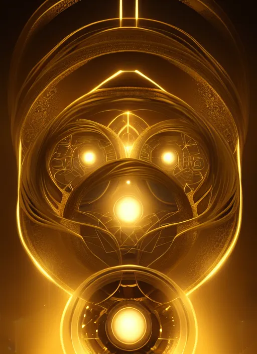 Image similar to symmetry!! product render poster gold coin scifi, glowing fog intricate, elegant, highly detailed, digital painting, artstation, concept art, smooth, sharp focus, illustration, art by artgerm