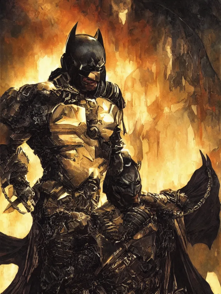 Image similar to ancient damned armored batman, dark and gritty, sci fi artwork, warm colors, by seb mckinnon and alex ross