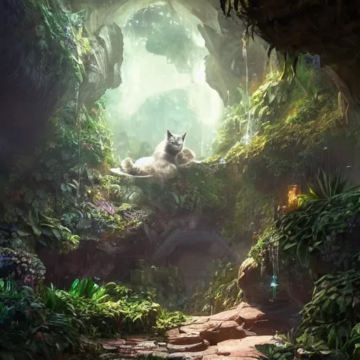 Image similar to Giant Cat resting in a cave, natural light, lush plants and flowers, elegant, intricate, fantasy, atmospheric lighting, by Greg rutkowski, league of legends splash art