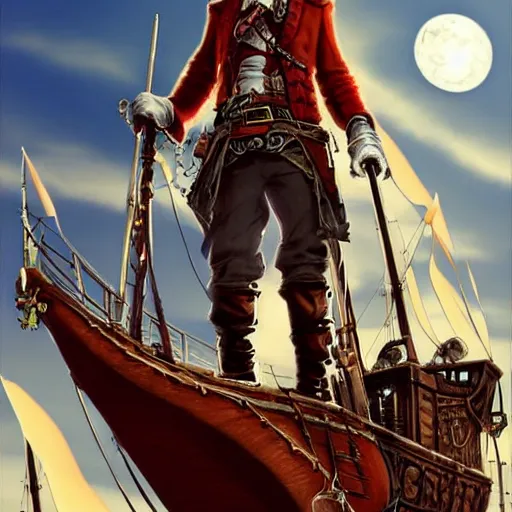 Image similar to Red headed sky-pirate standing onboard his steampunk airship, epic fantasy art style HD