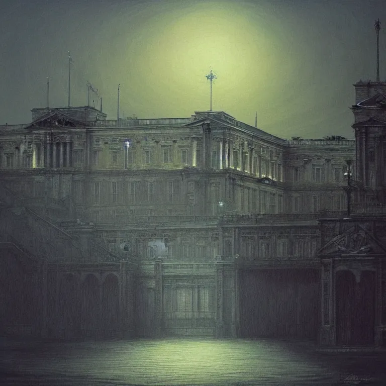 Prompt: buckingham palace, lovecraft, concept art by beksinski and jean delville, dramatic lighting, ultra hd, hdr, 8 k