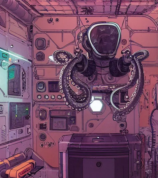 Image similar to a cybernetic realistic octopus in a space station, techwear, Industrial Scifi, detailed illustration, character portrait, graffiti style, by Martin Grip and Moebius