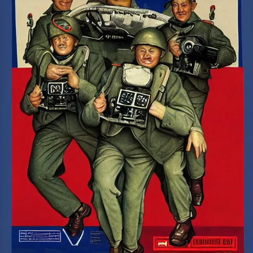 Image similar to soviet spaceship in the style of norman rockwell, world war 2, wwii, propaganda poster, sci - fi illustrations, highly detailed, award - winning, patriotic, soviet, ussr, dark, gritty, ink