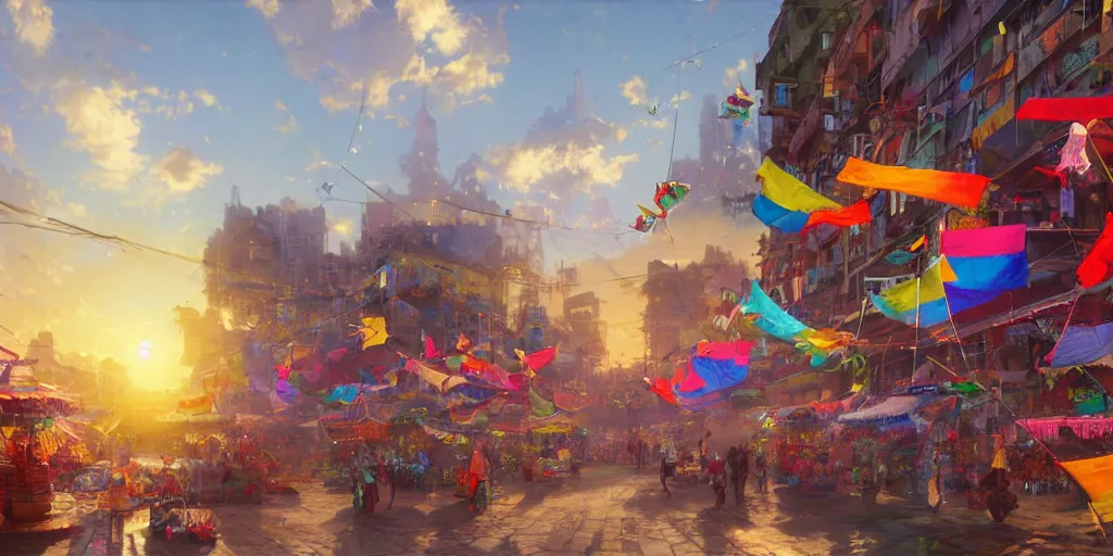 Prompt: screenshot of a colorful marketplace in a makeshift city in the clouds, iridescent sunset, flags and kites fly in the wind, rainbows, hustle and bustle, fps, thomas kinkade, by craig mullins, james gurney, greg rutkowski, sparth, mucha, cinematography, cinematic masterpiece