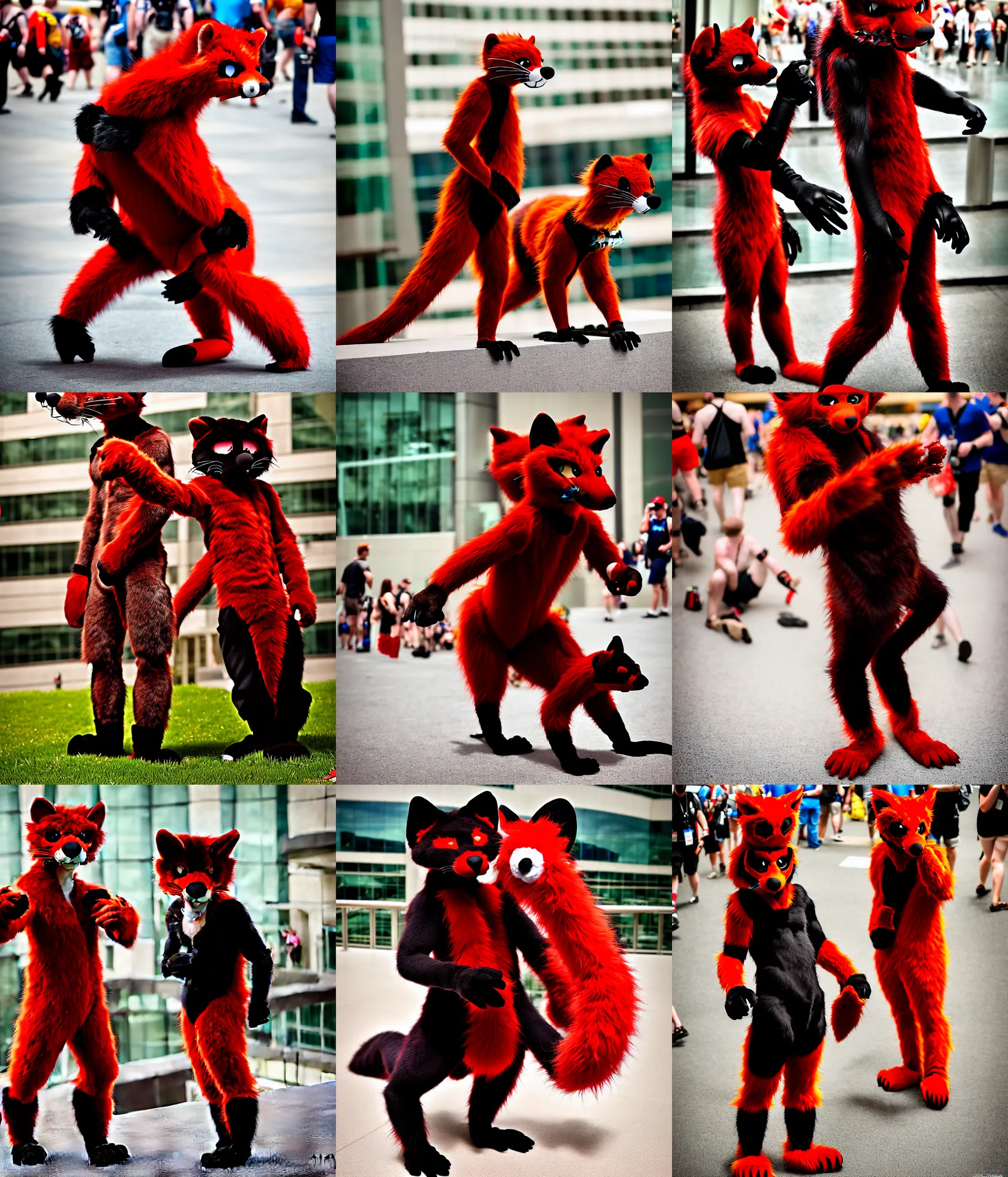 Image similar to fullbody photoshoot photo portrait of a cute roguish male red - black furred weasel furry fursuiter ( tail attached ), taken at anthrocon ( furry convention )