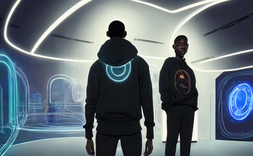 Prompt: portrait of handsome black genius wearing a hoodie in front several curved holographic displays, luxury condo interior, elegant atmosphere, glowing lights, highly detailed, digital painting, artstation, concept art, smooth, sharp focus, illustration, art by wlop, mars ravelo and greg rutkowski