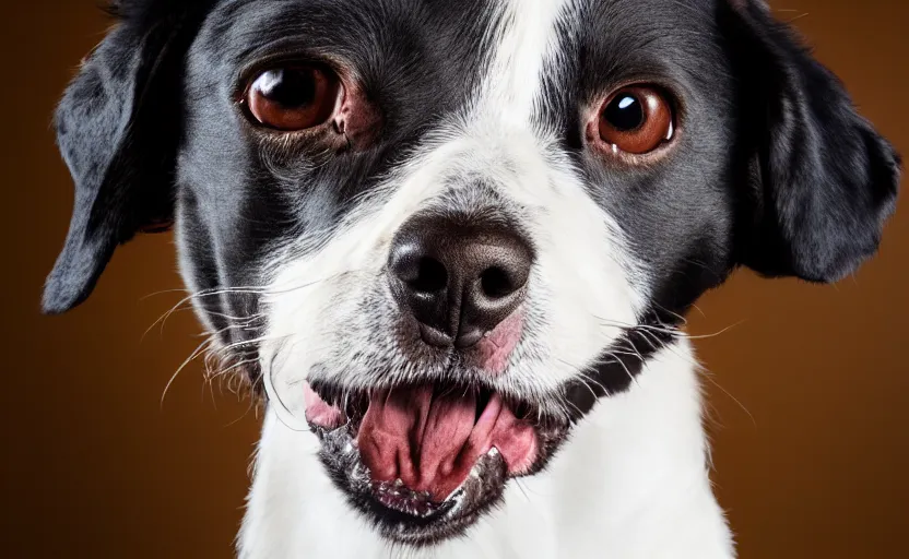 Image similar to studio photography of a funny dog, detailed face, cinematic lighting, 8 k