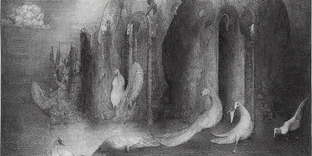 Image similar to gargantuan goose guarding the gates of hell, art by gustave dore, hieronimus bosch