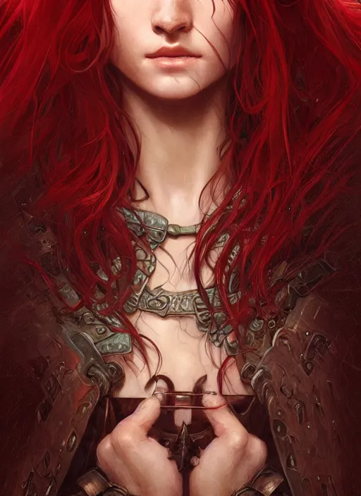 Image similar to vertical portrait of a ruggedly handsome female cleric, soft hair, close - up face, leather, witchy, d & d, fantasy, intricate, elegant, highly detailed, digital painting, artstation, concept art, smooth, sharp focus, illustration, art by artgerm and greg rutkowski and alphonse mucha, plain red background