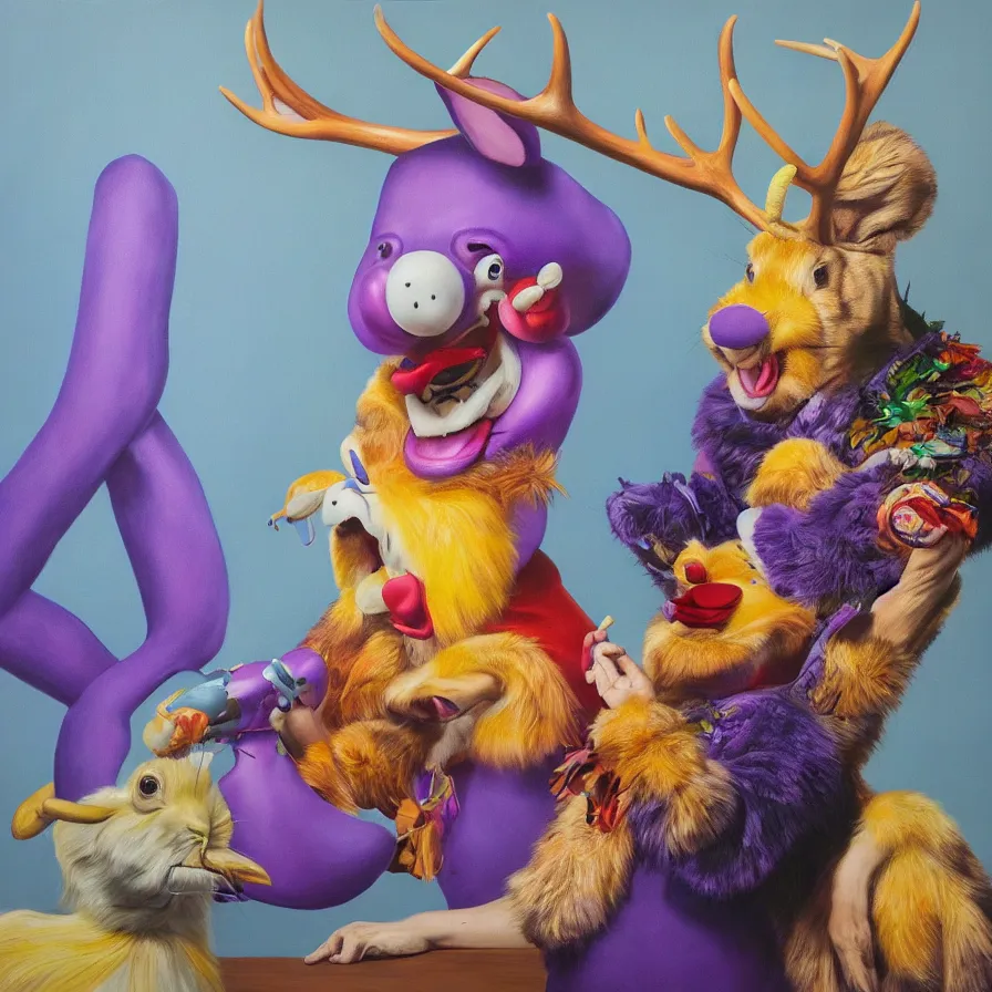 Prompt: rare hyper realistic portrait painting by raden wijaya, studio lighting, brightly lit purple room, a blue rubber ducky with antlers laughing at a giant laughing rabbit with a clown mask