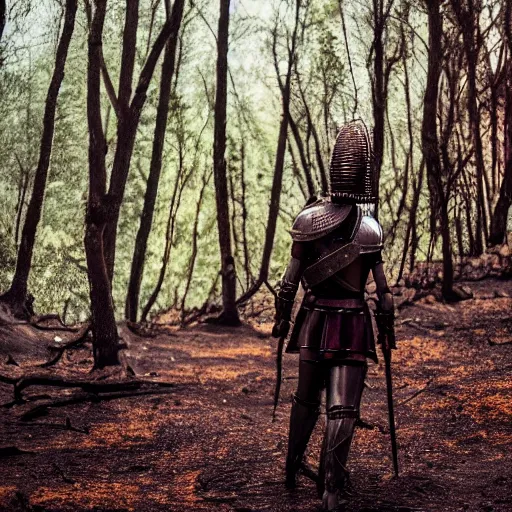 Prompt: a mam wearing medieval knights armor walking in a forest fire, photography, movie still, dslr 5 5 mm, 4 k