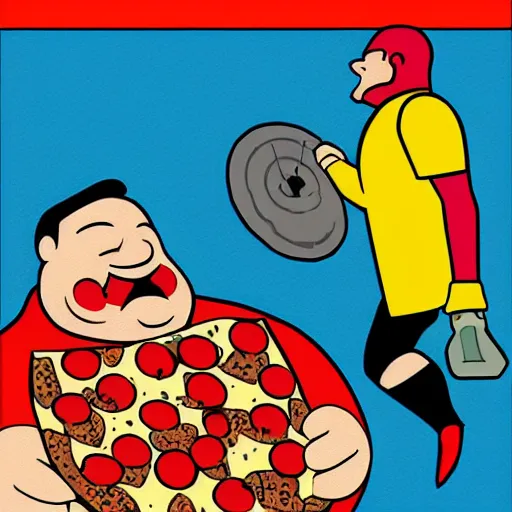 Prompt: graphic novel cover of super hero “Morbidly Obese Man” defeating a huge pizza.