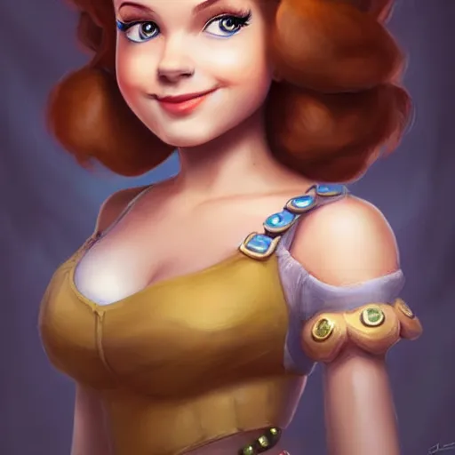 Image similar to princess daisy from super mario as realistic brunette human character art portrait, matte fantasy painting, deviantart artstation, by jason felix by steve argyle by tyler jacobson by peter mohrbacher, cinema c 9. 0