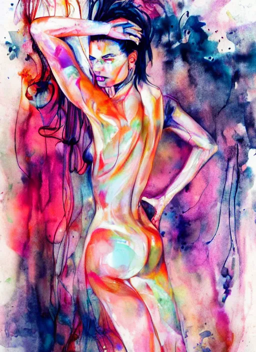 Prompt: sexy gorgeous adriana lima in short by agnes cecile, sitting on a stool, bent over posture, half body portrait, extremely luminous bright design, pastel colours, ink drips, autumn lights