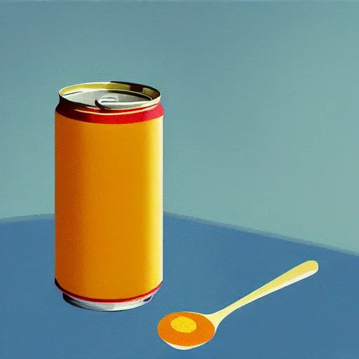 Prompt: In this computer art, the artist has used a photo-realist style to depict a can of soup. The can is placed on a plain background, and the artist has used bright, primary colors to create a striking image. The computer art is both realistic and abstract by Ramon Casas, by Louise Dahl-Wolfe bleak