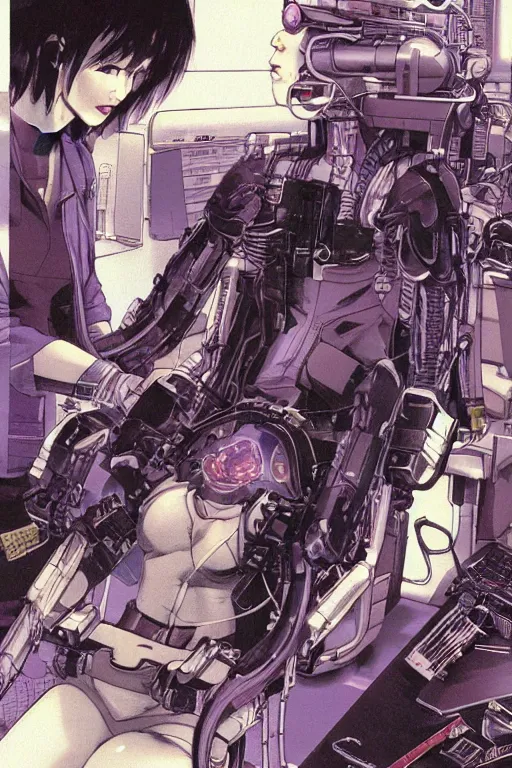 Image similar to fantastic cyberpunk illustration of motoko kusanagi in lab being repaired, by masamune shirow and katsuhiro otomo