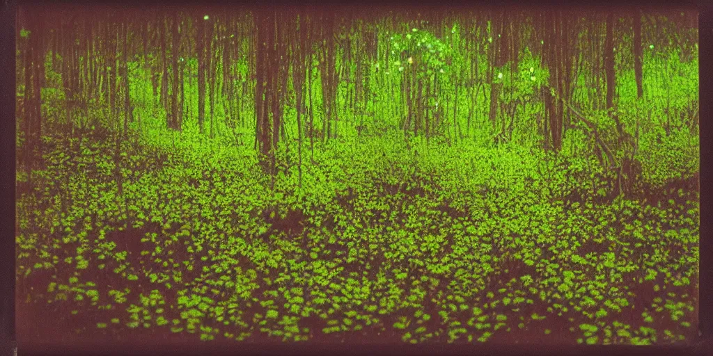 Prompt: analog polaroid of a lush flowery forest full of fireflies, ambient light, color bleed