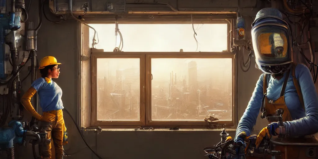 Prompt: highly detailed portrait painting of welder girl, room mono window, by eddie mendoza and tyler edlin, 8 k resolution