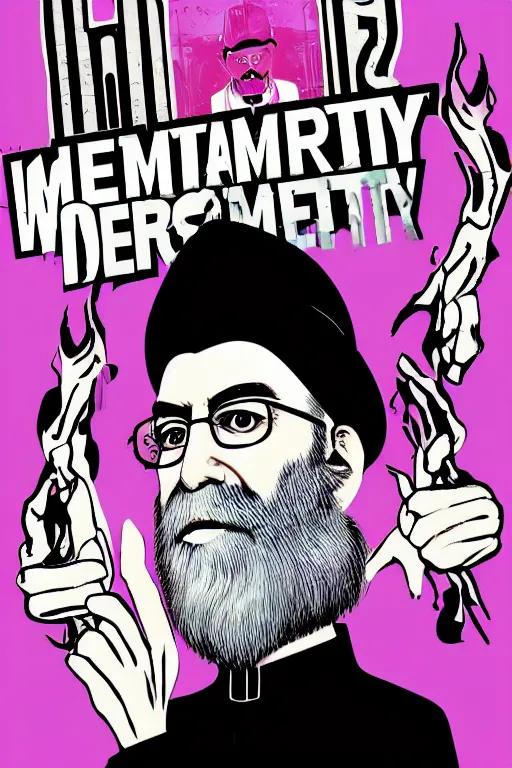Prompt: khamenei, with quotes : destroy destroy america, pointing index finger, justify content center, hyperrealistic anatomy content, violet polsangi pop art, gta chinatown wars art style, extreme quality masterpiece, bioshock infinite art style, incrinate, 2 color, white frame, content balance proportion