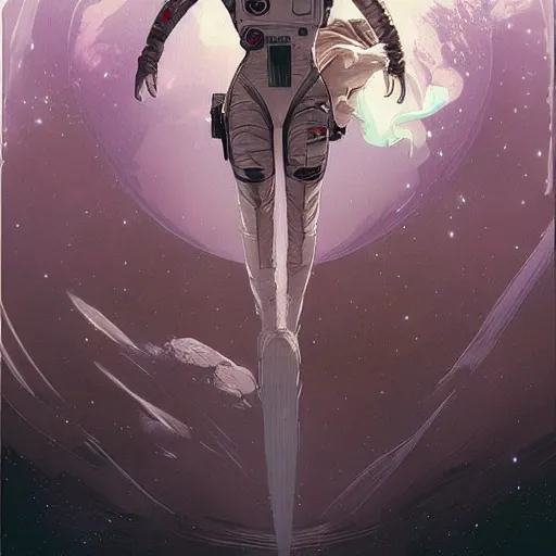 Image similar to an astronaut fleeing the moon by artgerm, greg rutkowski, alphonse mucha