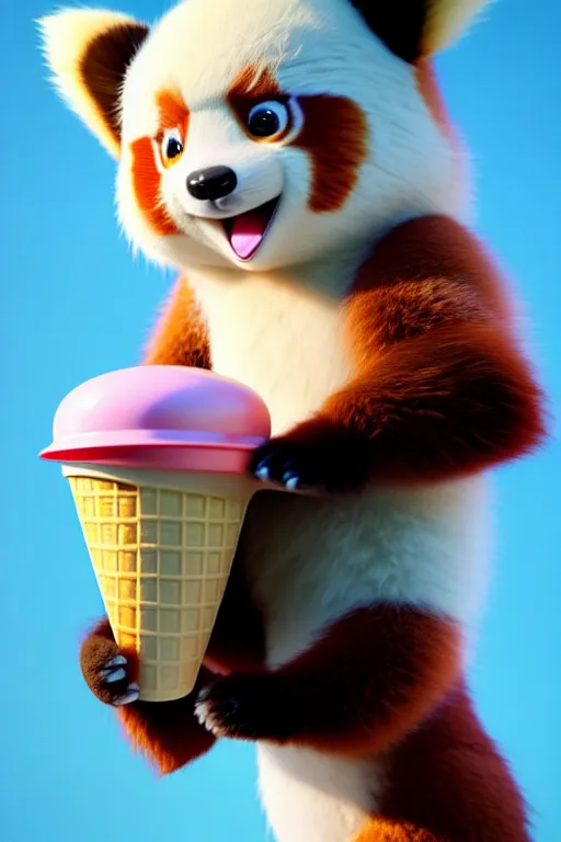 Image similar to high quality 3 d render hyperrealist very cute pastel fluffy red panda & koala hybrid eating giant ice cream, vray smooth, in the style of detective pikachu, very dramatic light, low angle, uhd 8 k, shallow depth or field