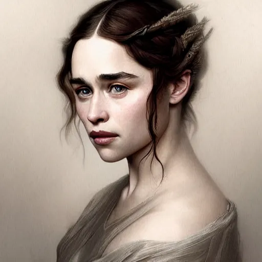 Prompt: beautiful striking Pre-Raphaelite Emilia Clarke by Artgerm and Greg Rutkowski, pale, intricate, elegant, highly detailed, digital painting