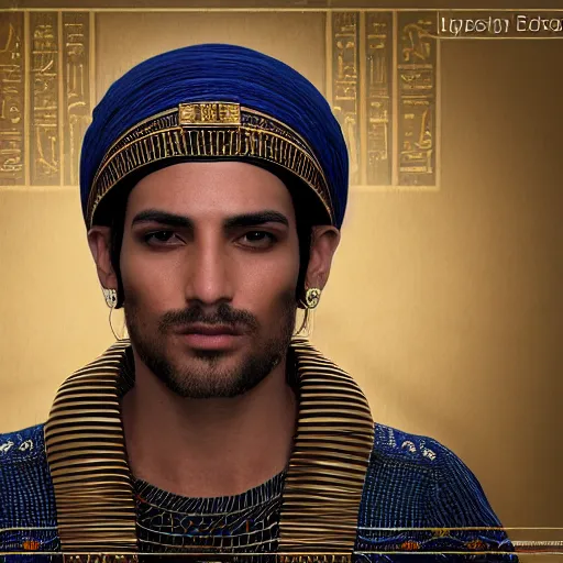 Image similar to a man in egyptian clothing wearing rings and jewlery on his neck, 8k resolution, serene, photorealistic, digital art, hyperdetailed, Unreal Engine, dynamic lighting, ultra detailed, trending on art station, concept art, stunning visuals, extreme detail