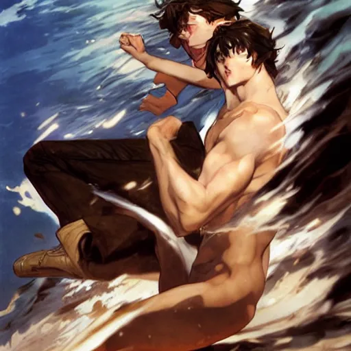 Prompt: epic battle brown haired boy summons a huge wave of water. jc leyendecker. repin. shigenori soejima.