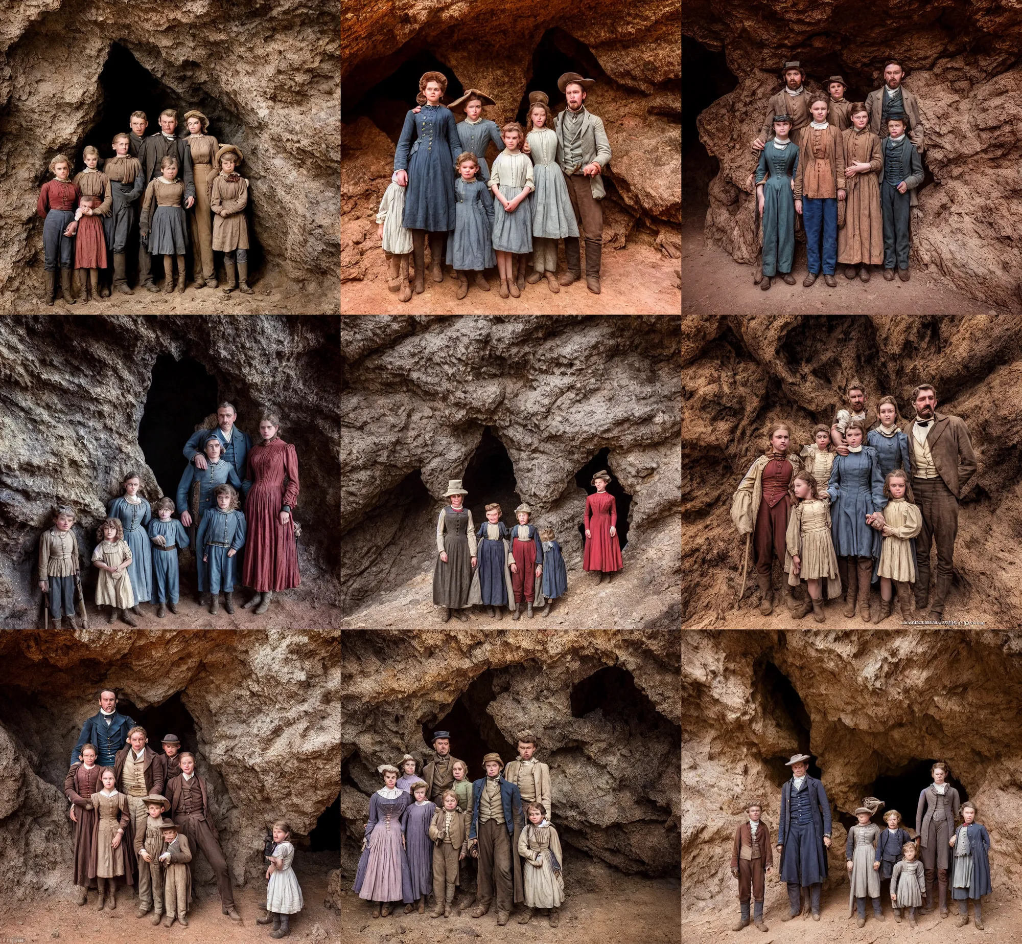 Prompt: sharp, highly detailed, film from a blockbuster sci fi 4 k color movie, set in 1 8 6 0, family standing in front of a cave, on a alien planet, looking happy, wearing 1 8 5 0 s era clothes, atmospheric lighting, in focus, reflective eyes, 3 5 mm macro lens, live action, nice composition, good photography, real faces