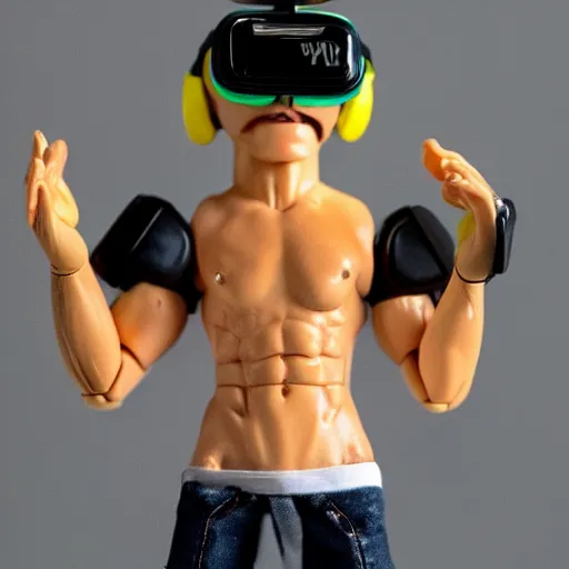 Image similar to action figure of a skinny blonde male wrestler wearing a black vr headset and wearing a t - shirt and jeans, high detail, realistic,