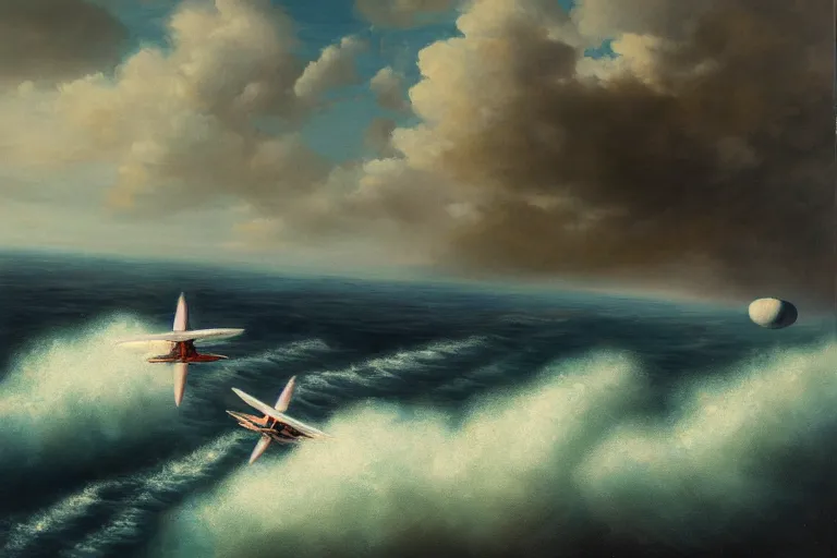 Prompt: two flying saucers battling over the ocean. high detailed oil painting. dramatic.